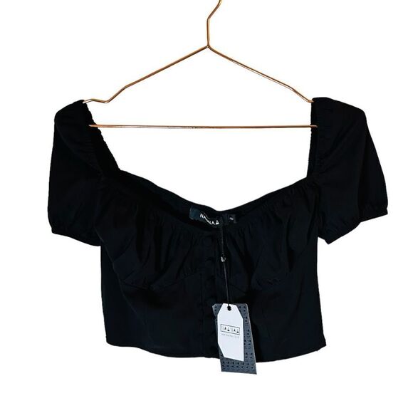 NWT ASOS Naanaa Black Puff Sleeve Crop Top UK8/US 4 - Picture 1 of 4